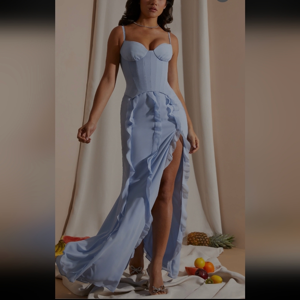 Corset Frill Skirt Maxi Dress in Blue/green